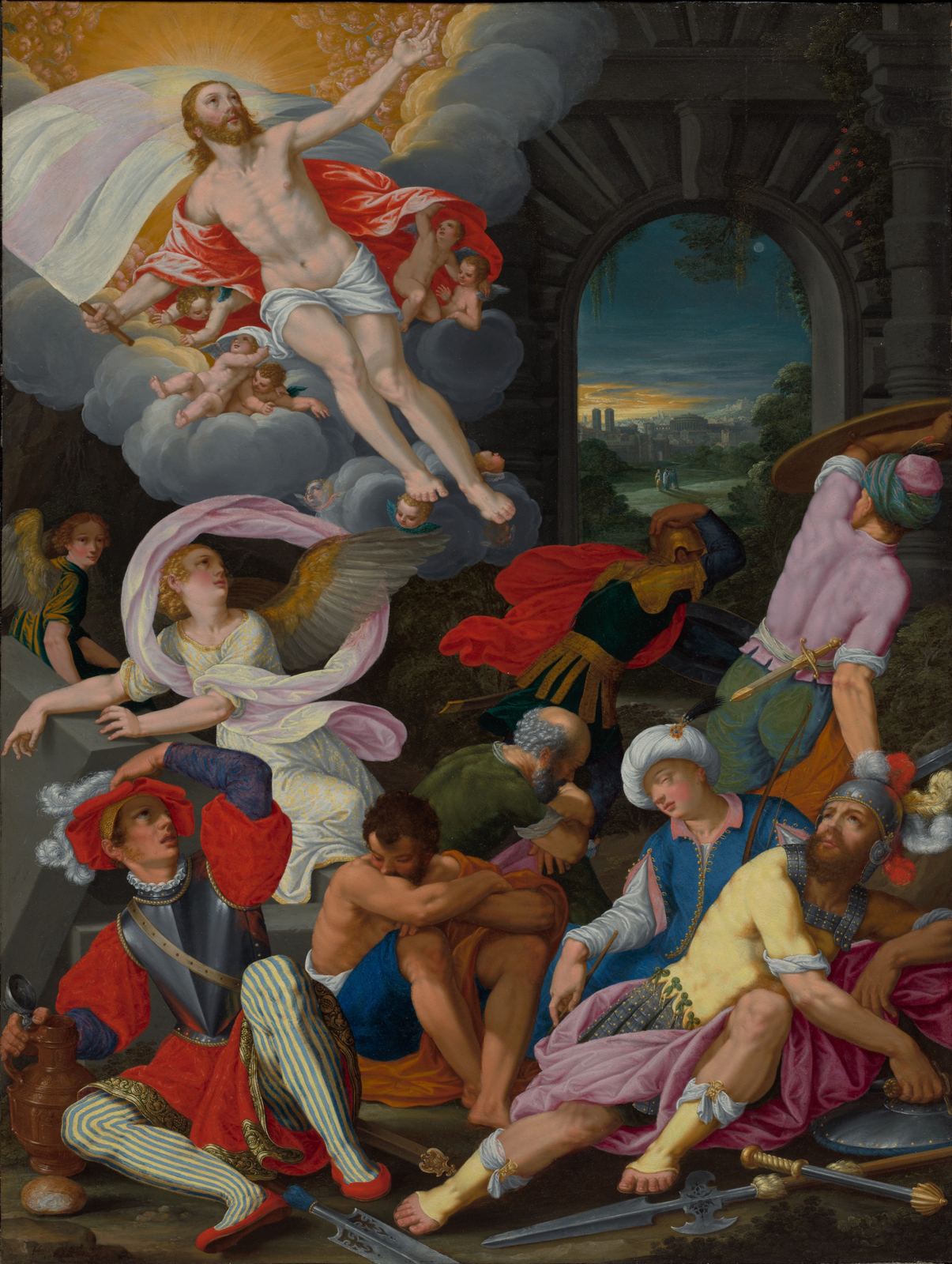 Pintura a óleo sobre cobre, de cores vivas: Cristo ressuscitado sobe em luz acima do sepulcro; abaixo, os guardas caem assustados e um anjo abre os braços.