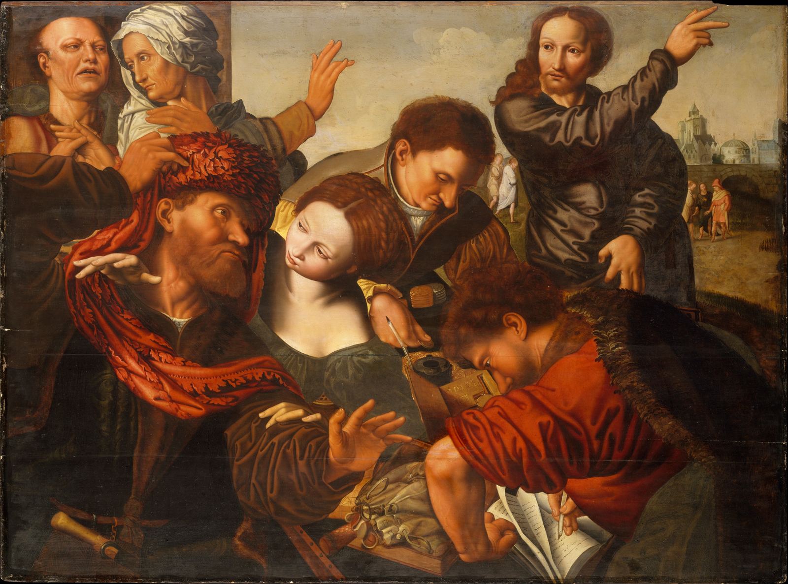 Pintura a óleo: em torno de uma mesa de cobrança, homens conferem moedas e um livro de contas; à direita, Cristo estende o braço e aponta para o cobrador.