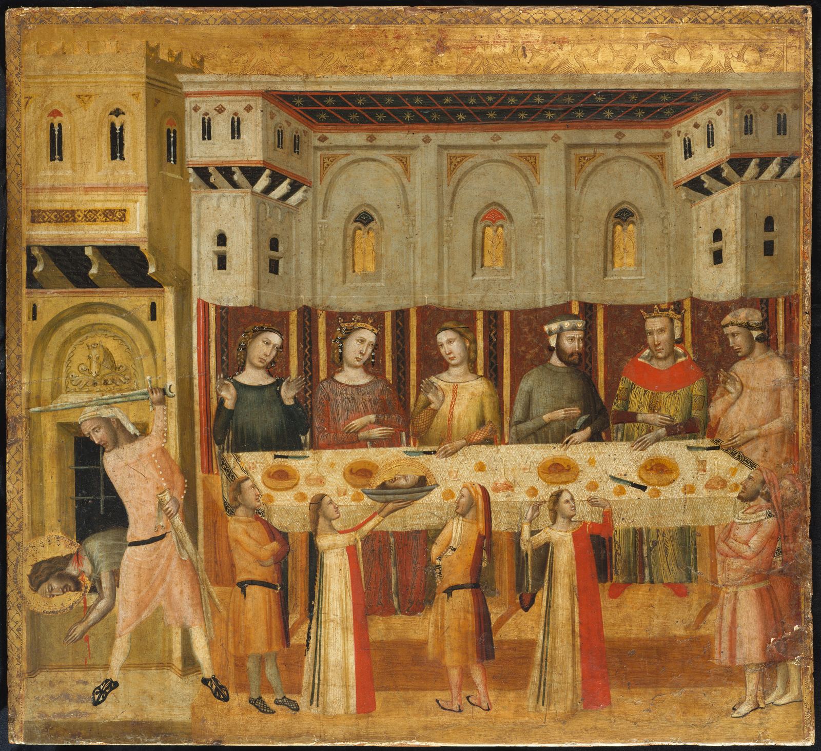 Painel medieval em fundo de ouro: à direita, Herodes e convidados sentados a uma longa mesa posta; à esquerda, dentro de uma torre, o carrasco decapita João Batista.